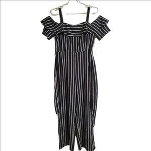 Favlux Women’s Black White Stripe Bardot Cold-Shoulder Jumpsuit Size M